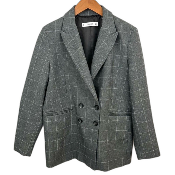 Mango For JustFab Grey Windowpane Grid Printed Blazer Jacket Size Medium - Picture 1 of 15